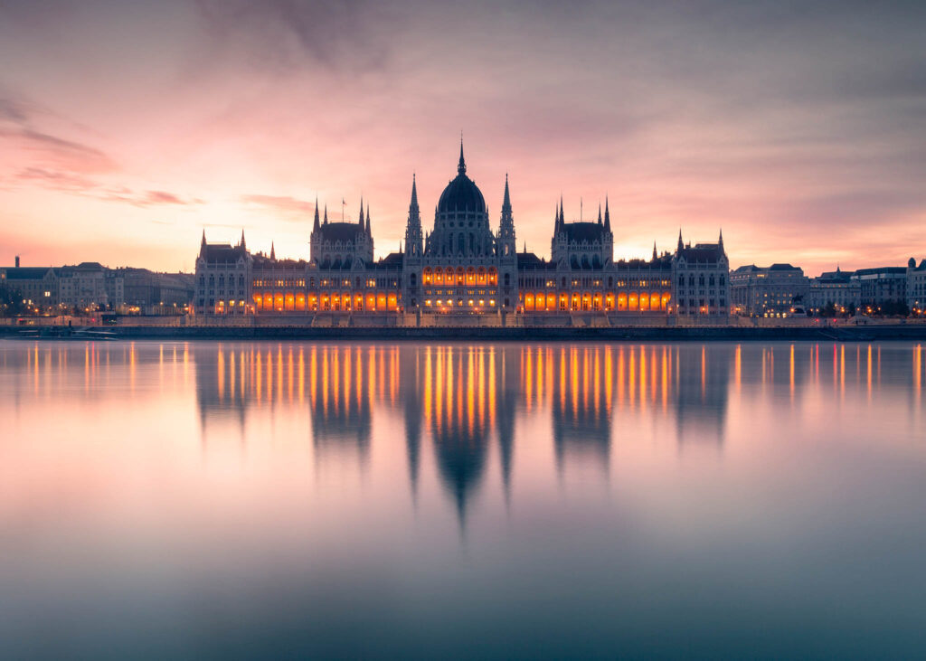 Parliament building reflected in the Danube River, Budapest, Hungary.