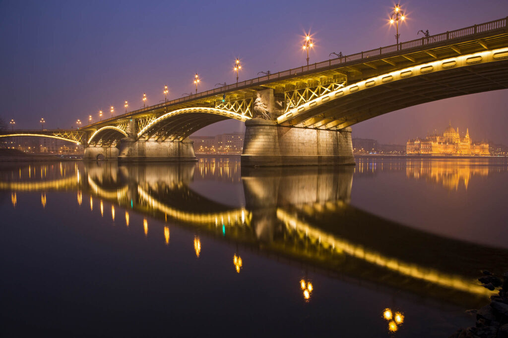 Margaret Bridge over the Danube River in Budapest, Hungary.