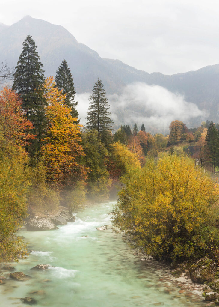 Soca River on a misty autumn morning in Slovenia. Buy fine art photography prints.